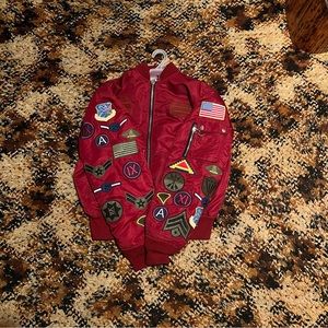 Army patch bomber jacket | Size M | faded tag; ripped hook loop | slightly heavy